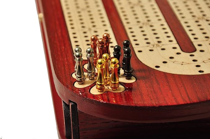 PALM ROYAL HANDICRAFTS 4 Track Wooden Cribbage Board Set Inlaid in Blood Wood and Maple Wood with pegs and Cards Storage Available. 4 Player Cribbage Board (15 x 5 Inches)