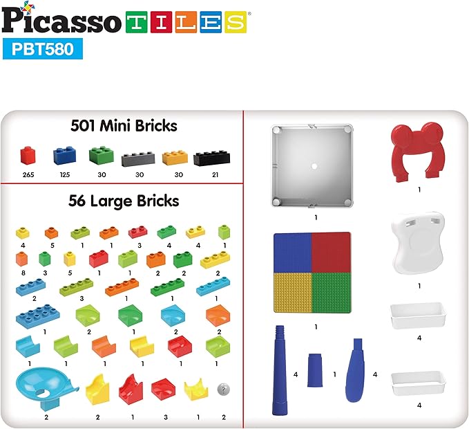 PicassoTiles Kids Multi Activity Table, Storage Bin & Chair Set Combo, 581 PCs Building Block with Marble Run Play Table Compatible with Building Bricks Blocks STEM Toy for Boys & Girls Ages 3+