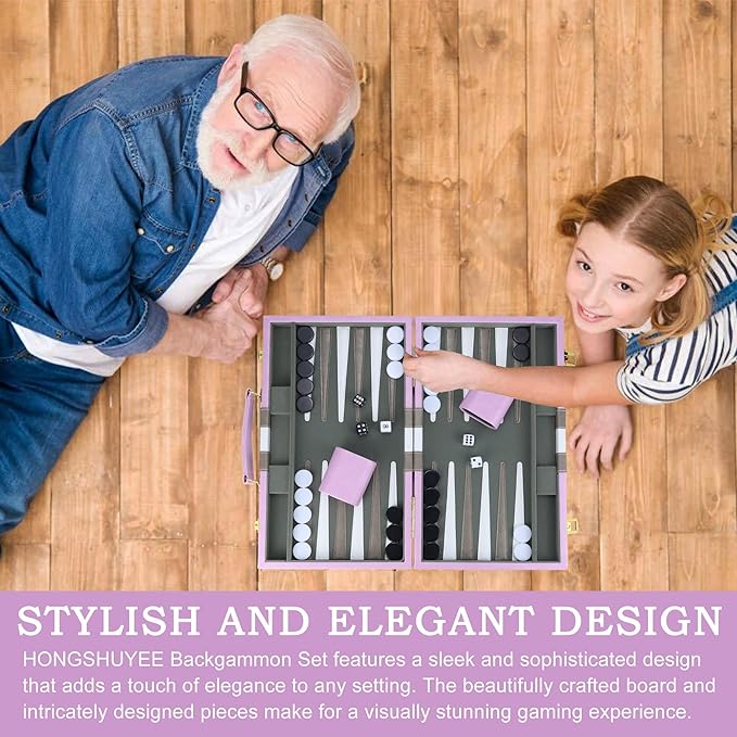 Backgammon Sets for Adults, 15 inch Backgammon Brown Sets Classic Board Game with Premium Leather Case, Portable Travels Strategy Backgammon Game Set for Adults, Kids (Purple)