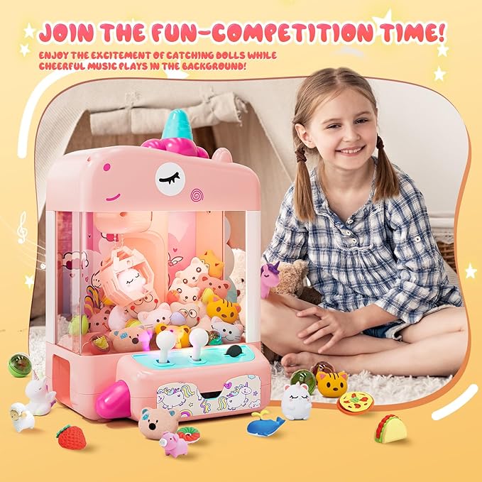 Skirfy Unicorns Claw Machine, Mini Vending Machine with Lights & Music, Adjustable Sound, Candy and Electronic Prize Dispenser, Includes 45 Toys, Candy and Birthday Gift for Kids Girls