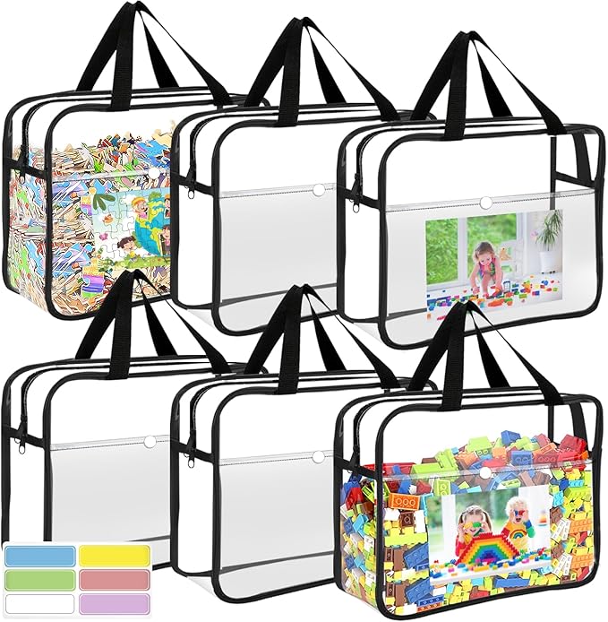 OPELETNNT 6 Packs Large Toy Storage Bags with Pockets, Reusable Clear PVC Board Game Storage with Labels, Travel Waterproof Organizer Bags Double Zipper for Building Blocks, Puzzle, Kids Books