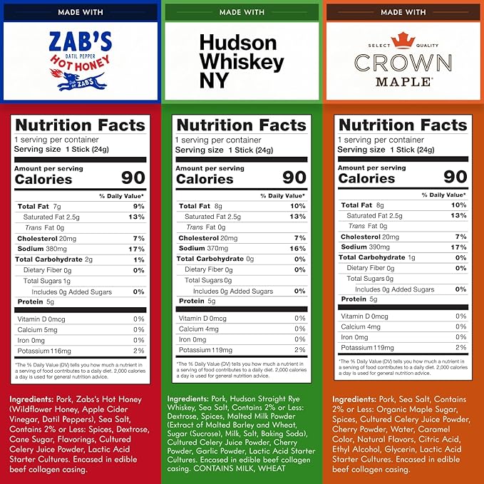 Schaller & Weber Salami Sticks Variety Pack (Zab’s Hot Honey, Hudson Whisky NY, Crown Maple), .85 Oz (Pack of 6) Hickory Smoked Salami | German Style Smoked Sausage Sticks | Gluten Free Protein Snack