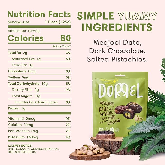 DORREL - Belgian Dark Chocolate Covered Dates (Medjool) with Pistachio Stuffing, High Energy Vegan Choco Snack, Delicious, Kosher & Non-GMO, Pack of 3 Stuffed Chocolate Dates, 7.05 oz / 200 g Ea