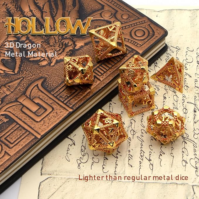 D&D Metal Dice Set - 7pc Polyhedral for Dungeons and Dragons, Role Playing, Table Games, RPG Shadowrun - Hollow Gaming Gift (Gold Red)