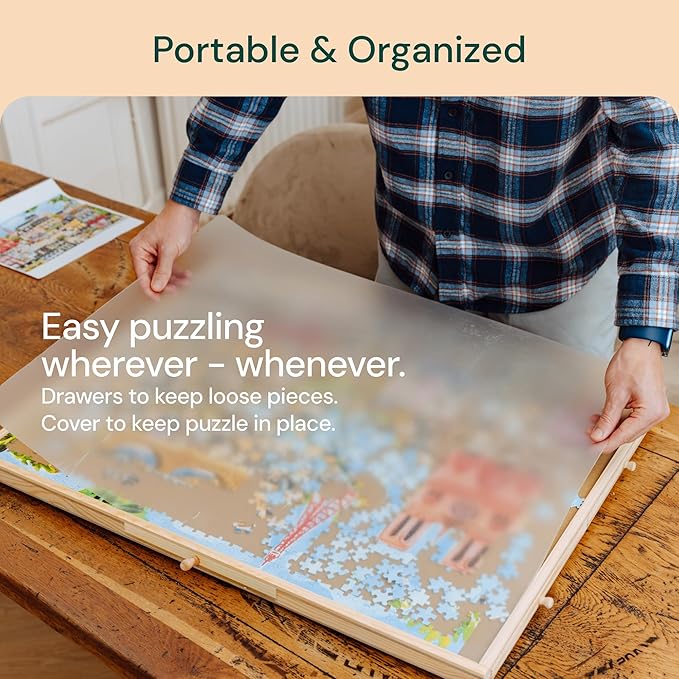 PlayVibe 1500 Piece Rotating Puzzle Board with Drawers and Cover - Sturdy Jigsaw Puzzle Table with 6 Drawers 26" x 35" - Portable Puzzles Boards with Lazy Susan, Wooden, Spinning Puzzles Accessories