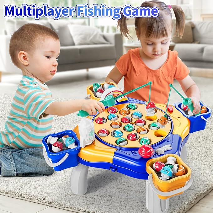 Magnet Fishing Game for Kids Toddlers Aged 3 4 5 6 7 8 - Fishing Toys with 48 Fishes Toys, 8 Poles, Rotating Board Game with On-Off Music, Educational Birthday Gifts for Boys Girls 1-3(Blue)