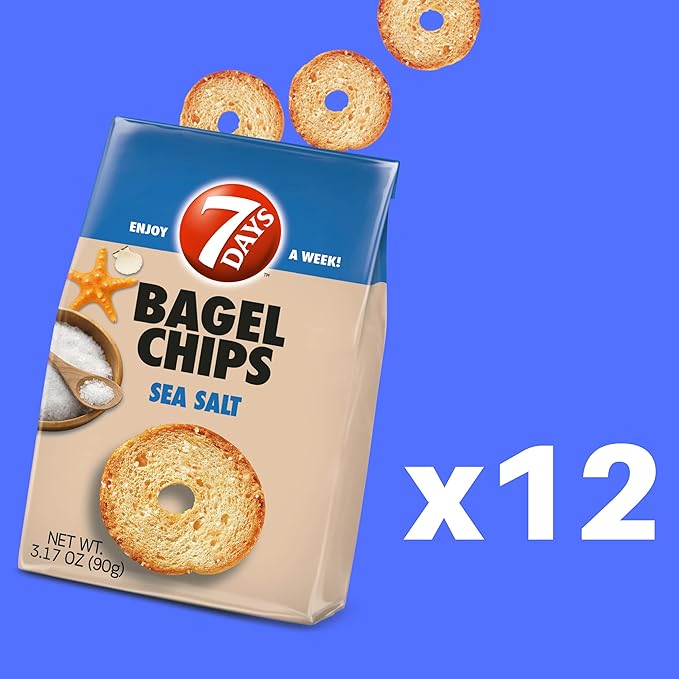 7Days Bagel Chips, Sea Salt, Gourmet Crackers, Non-GMO Baked Snack, (3.17oz, Pack of 12)