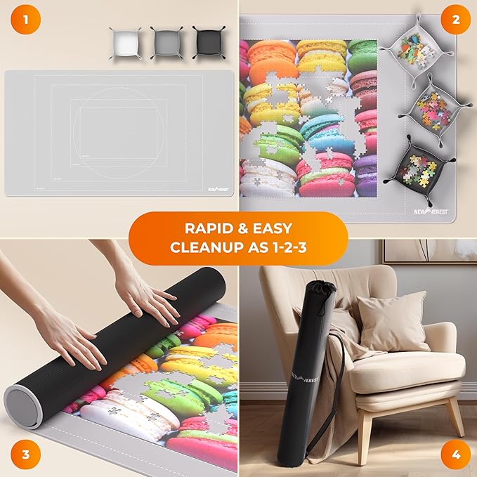 The Original Newverest Jigsaw Puzzle Mat Roll Up, Silver, 46” x 26” Portable Keeper Up to 1500 Pieces with Non-Slip Rubber Bottom & Smooth Top + 3 Puzzle Sorting Trays & Travel-Friendly Storage Bag