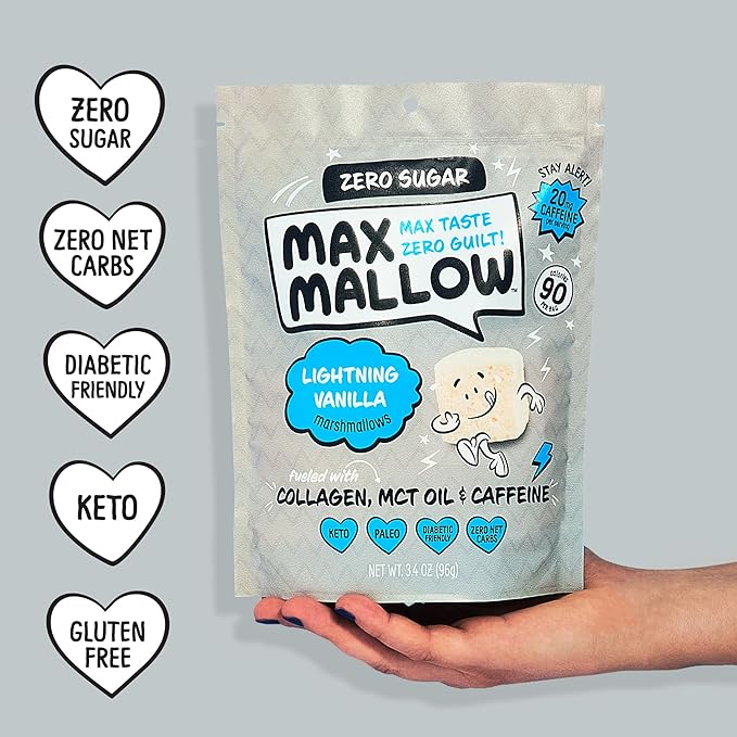 Max Mallow Sugar Free Marshmallows - Keto Friendly, Perfect for S'mores, Hot Chocolate, and Baking with Zero Sugar Snacks, Smores Mct Oil Zero Sugar Marshmellow Marshmallow Lightning Vanilla, 3 Pack