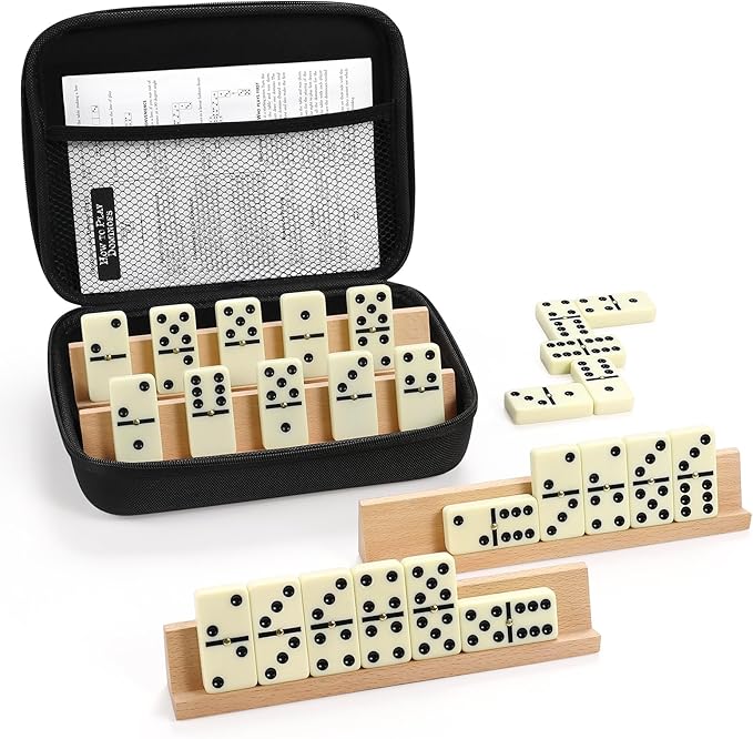Jumbo Dominos Set for Adults with 4 Wooden Racks/Trays, Double 6 Dominoes Travel Set with Portable Case Double Six Dominoes Set with 4 Tiles Holders, 28 Tiles Dominos Set for Family Board Games