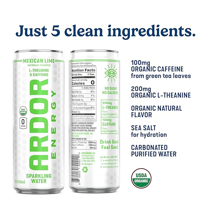 ARDOR ENERGY Sparkling Water with 100mg Natural Caffeine & 200mg L-Theanine from Organic Green Tea for Smooth Energy & Focus | Healthy Energy Drink | No Sugar, Zero Calories, Vegan, Gluten-Free | Tropical Variety (Pack of 6, 12oz cans)