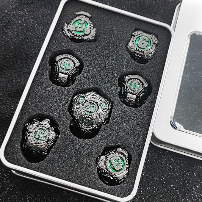 Geakeeper Construct D&D Dice, Metal DND Dice Set, 7Pcs Polyhedral Dragon Metallic D&D Dice with Gift Case for Dungeons and Dragon Game, RPG Role Playing Table Game Gifts (Black Nickel Green)