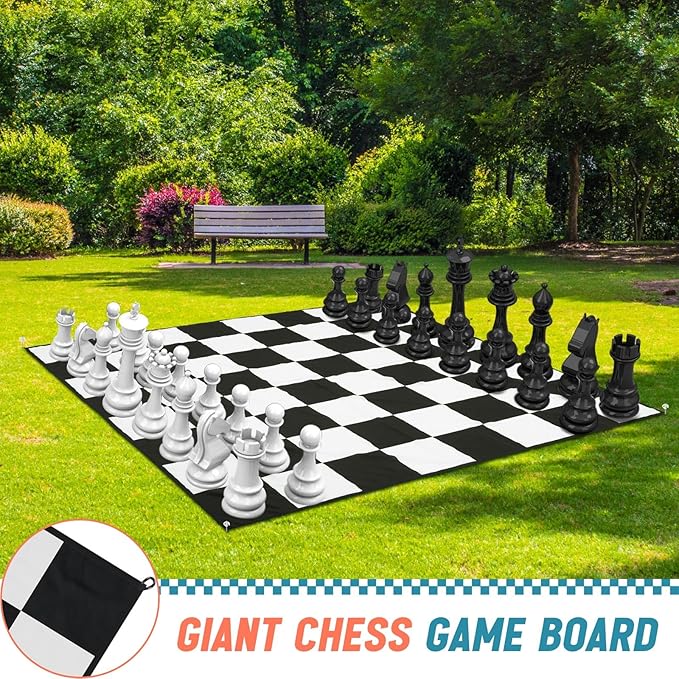 5x5ft Giant Chess Game Mat Nylon Board Mat for Outdoor with 4 Ground Nails and Storage Bag, Compatible with 12 16 Inch Giant Chess Sets and 4 Inch Large Checkers, Checker Not Included