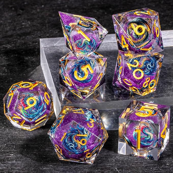 OUKELANWO Liquid Core Dragons Stickers DND Dice Set D&D, 7Pcs Dungeons D and D Role Playing Dice with Gift Box, Resin Sharp Edge Dice D20 D12 D10 D8 D6 D4, Purple Gold
