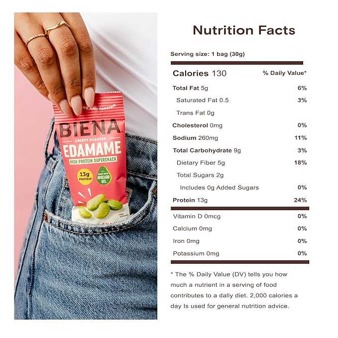Biena Crispy Roasted Edamame Beans Snack – High Protein Low Carb Snack for Adults & Kids, 13g Protein per Serving - Made w/Avocado Oil – Vegan, Gluten-Free – 10-Pack, 1.05oz Bags, Himalayan Pink Salt