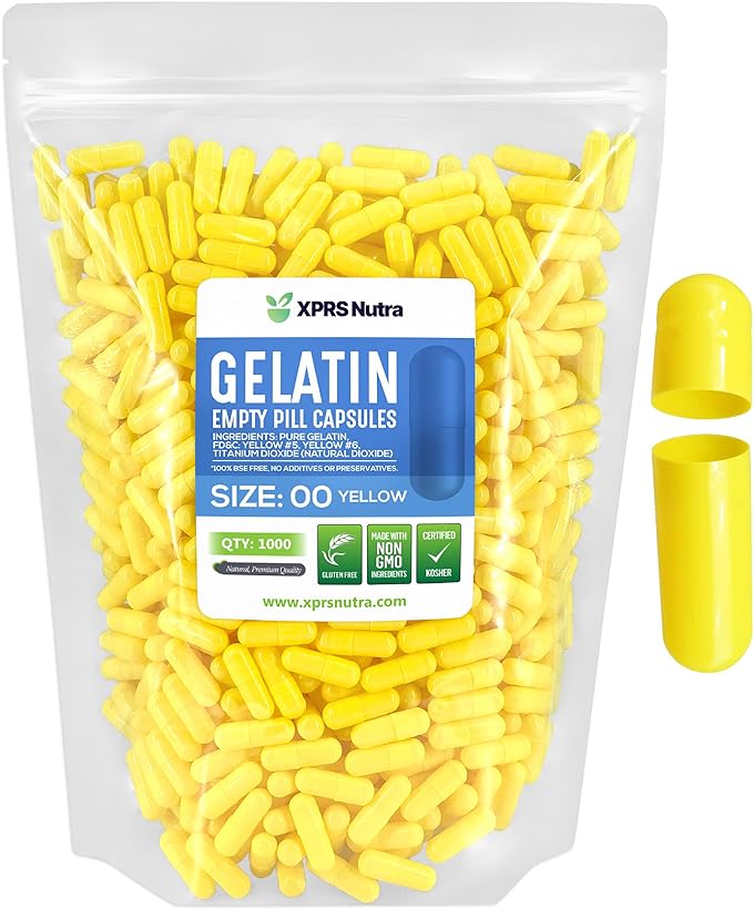 XPRS Nutra Size 00 Empty Capsules - 1000 Count Empty Gelatin Capsules - Pills DIY Capsule Filling - Fillable Pill Gel Caps for Do-It-Yourself Supplements (Yellow)