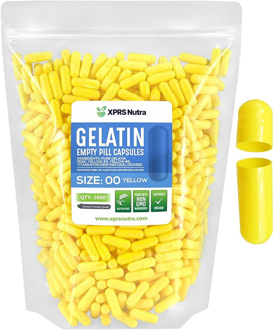 XPRS Nutra Size 00 Empty Capsules - 1000 Count Empty Gelatin Capsules - Pills DIY Capsule Filling - Fillable Pill Gel Caps for Do-It-Yourself Supplements (Yellow)
