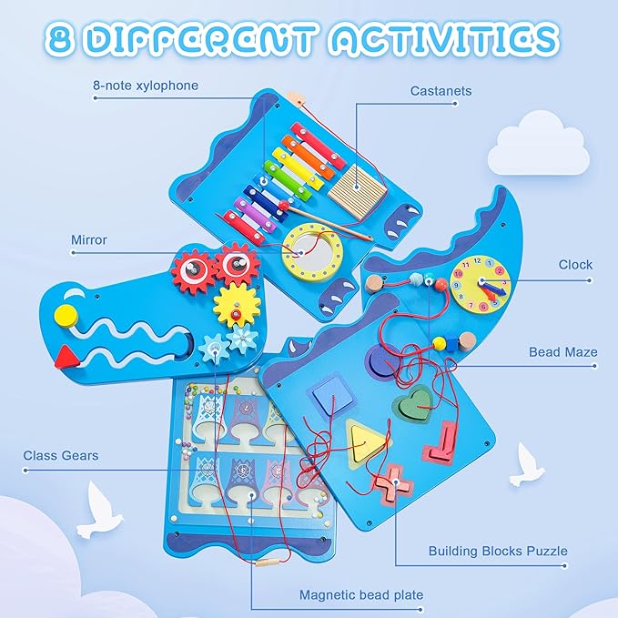 Crocodile Sensory Toys Activity Wall Panels, Educational Montessori Busy Board for Toddlers, Activity Cube - Sensory Wall, Wooden Learning Toys, Interactive Toy, Blue