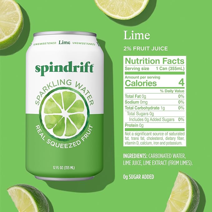 Spindrift Sparkling Water, Lime Flavored, Made with Real Squeezed Fruit, 12 Fl Oz Cans, Pack of 24 (Only 4 Calories per Can)