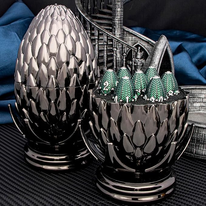 ARUOHHA DND Metal Dice Black Green Dragon Egg Dice with Rotating Dragon Egg Shell, Role Playing Game RPG Polyhedral D and D Dice Set D20 D12 D10 D8 D6 D4