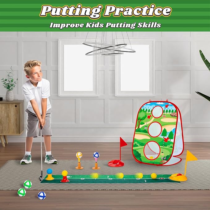 Toddler Golf Toys Set for Kids - Game with Double-Sided Golf Chipping Cornhole Board, 12 Ball, 2 Adjustable Clubs, Indoor Outdoor Birthday Gifts for Girls Boys 3 4 5 6 Years Old