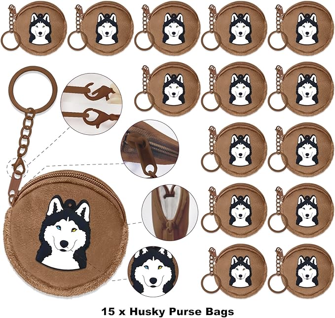 15 Pack Husky Mini Coin Purse with Keyrings for Husky Themed Dog Party Lets Pawty Pet Party Birthday Party Supplies,Brown