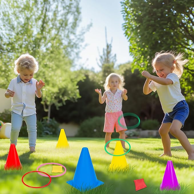 50PCS 6-in-1 Carnival Outdoor Game Combo for Kids, Foam Pogo Jumper, Giant Tic Tac Toe, Soft Plastic Cones Bean Bags Ring Toss Game, Perfect for Birthday Parties, Family Reunions, Field Days Yard Play