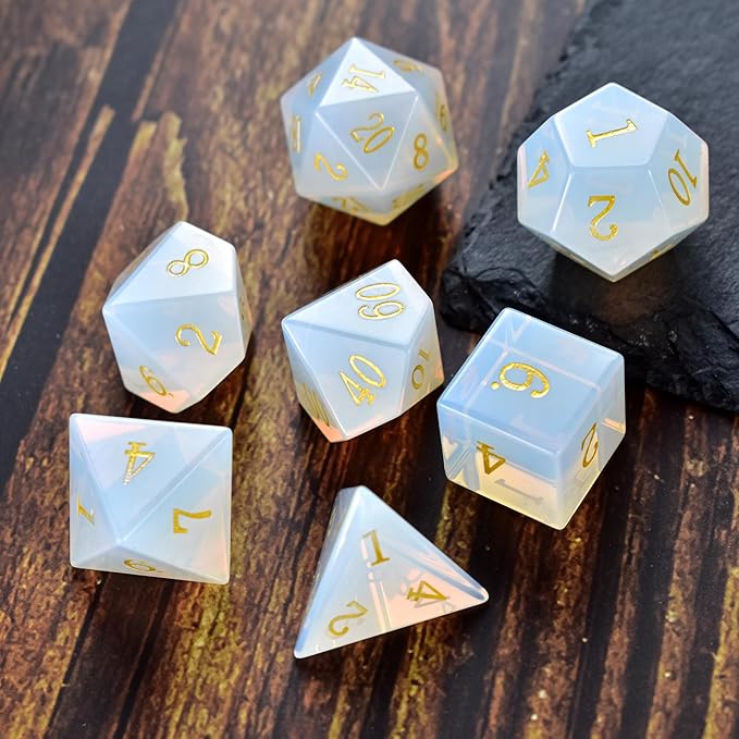 Gemstone DND Stone Dice Sets D&D 7 Pcs Polyhedral Dice Set Handmade Opal Stone Dice Set Natural Gemstone Dice Sets with Metal Case for Dungeons and Dragons RPG MTG Tabletop Games