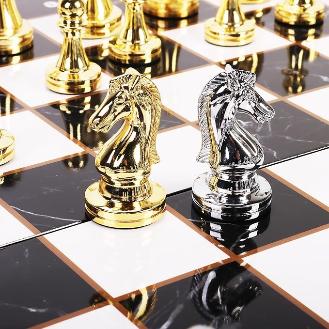 Metal Chess Set for Adults and Kids, 15''Large Marbling Chess Board with Storage –2 Extra Queens and 32 zinc Alloy Metal Pieces with a Sense of Weight,Folding Portable Travel Unique Chess Sets Game