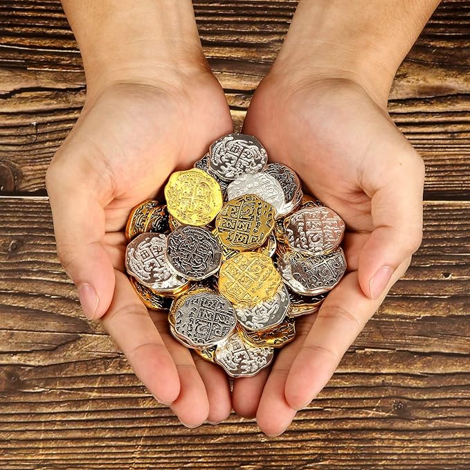 Hicarer 60 Pieces Metal Pirate Coins Spanish Doubloon Replicas Pirate Coin Treasure Coin for Party Favor Decorations (Color Set 1,60 Pieces)