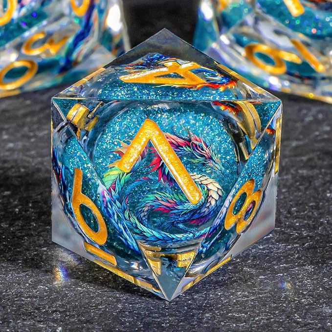 OUKELANWO Liquid Core Dragons Stickers DND Dice Set D&D, 7Pcs Dungeons D and D Role Playing Dice with Gift Box, Resin Sharp Edge Dice D20 D12 D10 D8 D6 D4, Blue Gold