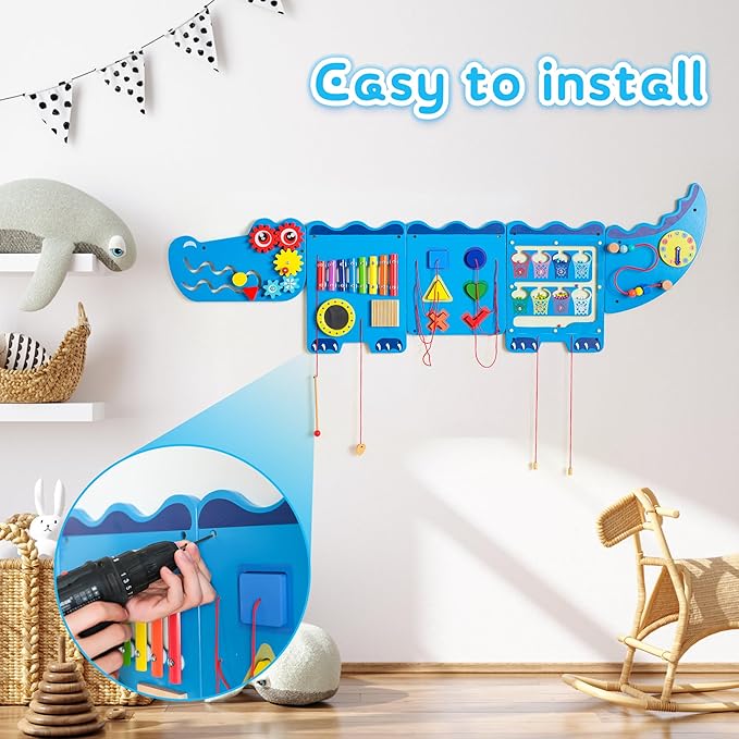 Crocodile Sensory Toys Activity Wall Panels, Educational Montessori Busy Board for Toddlers, Activity Cube - Sensory Wall, Wooden Learning Toys, Interactive Toy, Blue