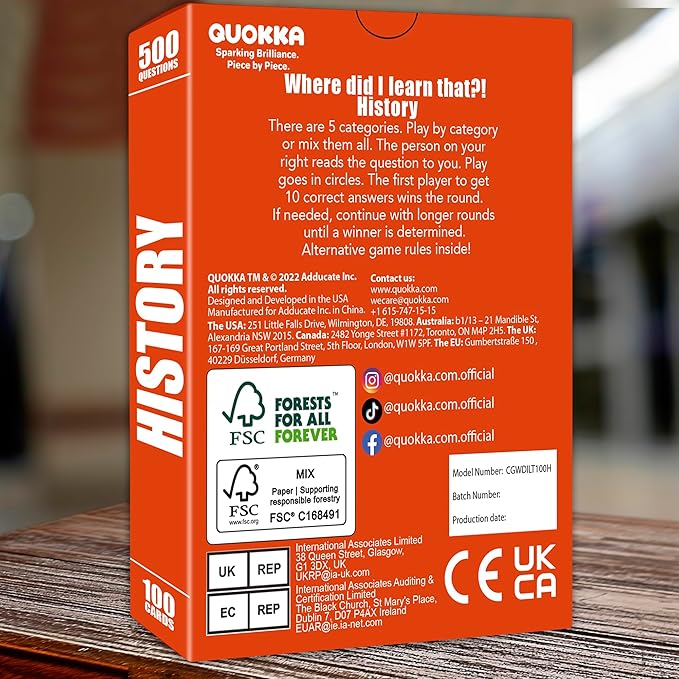 QUOKKA Trivia Card Game with 500 Questions in History – Trivia Games for Adults, Teens, and Families – Trivia Cards with Answers – Great Board Games Trivia for Family Party and Game Night