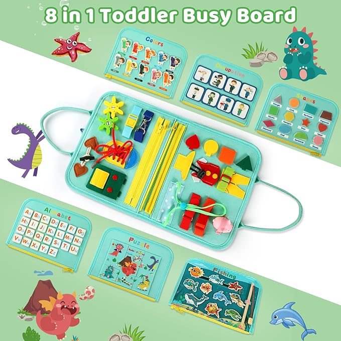 Toddler Busy Board for 1 Year Old, Montessori Toy Busy Book for Toddlers 1-3 with Fishing Game Motor Skills, Educational Learning Toy Car Airplane Activities Kid Travel Essential 2-4 Yr Birthday Gift