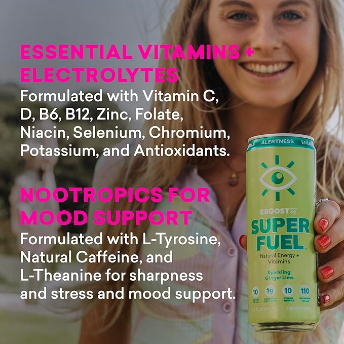 EBOOST Super Fuel Energy Drink - Blue Raspberry - 12 Pack x 11.5 Fl Oz - Caffeine from Natural & Clean Ingredients - Essential Electrolytes, Nootropics, and Vitamins - Sports Preworkout Drink