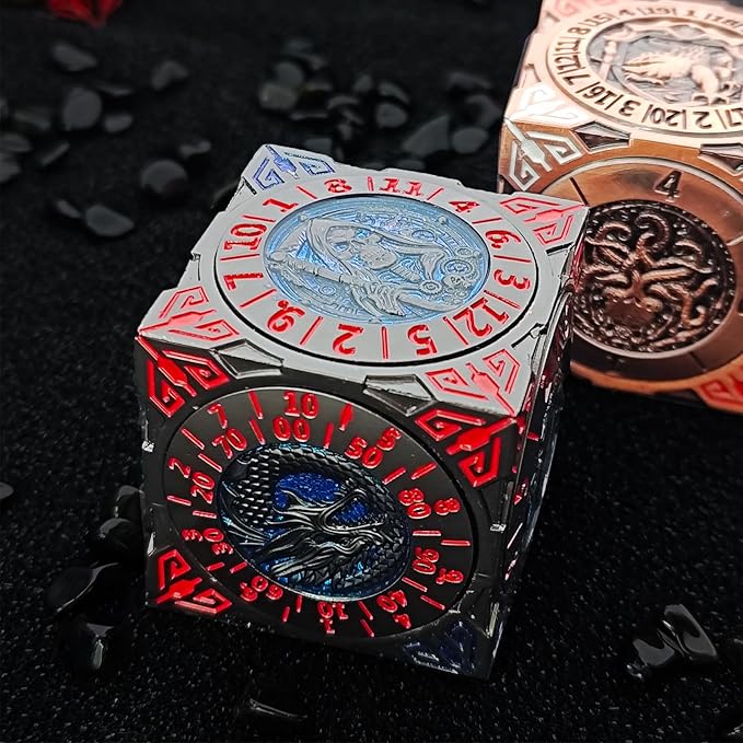 2025 New DND Spinner Dice, 7-in-1 Metal Dice Set with 3D Relief for Dungeons and Dragons Gifts, Polyhedral Roleplaying Game Dice, Fantasy D&D Tabletop RPG Accessories for DM & Player (Black Blue)