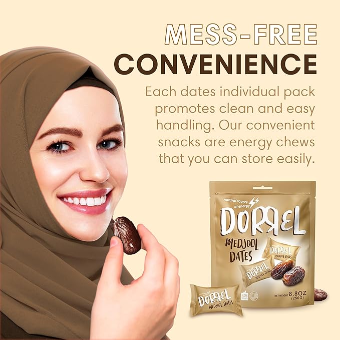 DORREL - Medjool Dates, Individually Wrapped Snacks for High Energy, Nutritious Snack, Delicious, Kosher & Non-GMO Dates Individually Packaged for Convenient Handling, Pack of 1, 8.8 oz / 250 g