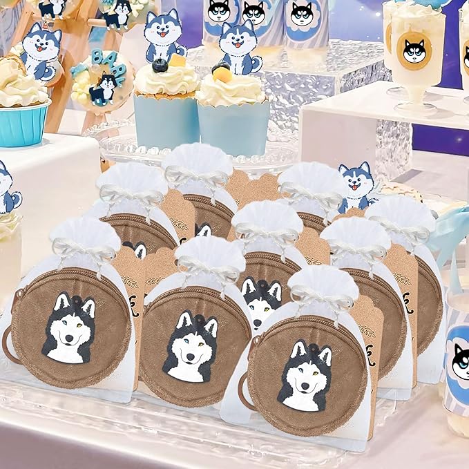 36 Pack Husky Change Purses Set Include 12 Husky Wallets with Keyrings,12 Thank You Tags and 12 Organza Bags for Dog Themed Pet Party Lets Pawty Baby Shower Birthday Decoration,Brown