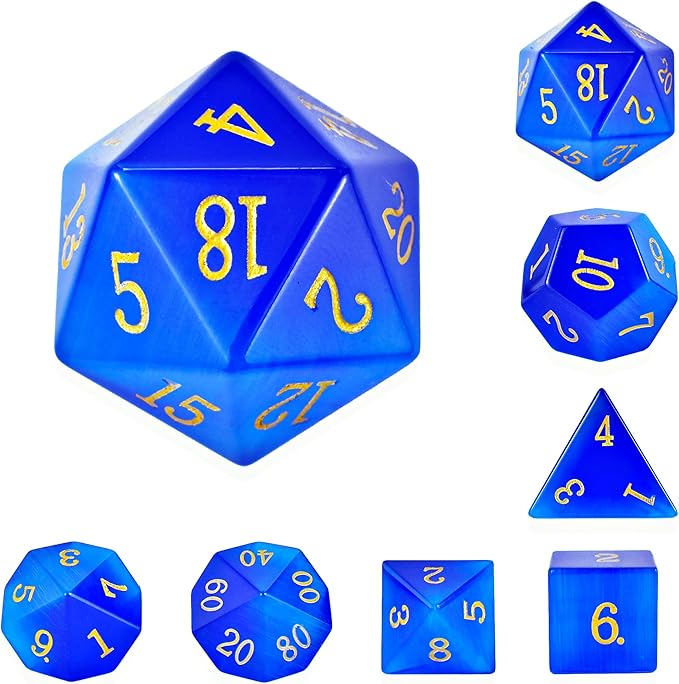 Gemstone DND Stone Dice Sets D&D 7 Pcs Polyhedral Dice Set Handmade Blue Cat's Eye Stone Dice Set Natural Gemstone Dice Sets with Metal Case for Dungeons and Dragons RPG MTG Tabletop Games