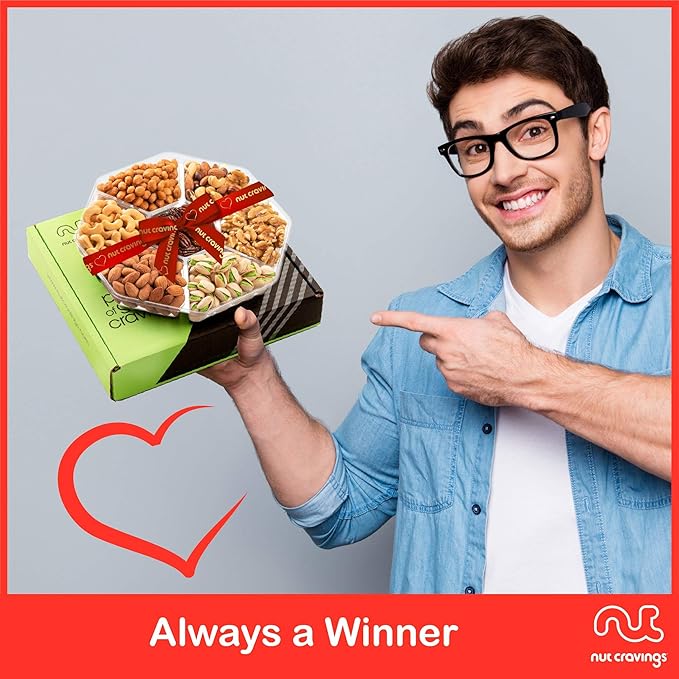 NUT CRAVINGS - Mixed Nuts Gift Basket + Heart Ribbon (7 Assortments) Food Arrangement, Healthy Snack Care Package, Kosher