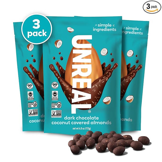 UNREAL Dark Chocolate Coconut Almonds (3 Pack) - Certified Vegan, Gluten Free, Fair Trade, Non-GMO, No Sugar Alcohols or Soy (3 bags)