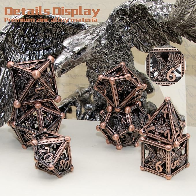 D&D Dice, Dungeons and Dragons Metal Dice Set of 7PC,DND Dice Eagle Design with Role Playing D and D Starter Dice for RPG MTG Table Board Games Shadowrun Yahtzee (Eagle-Copper)