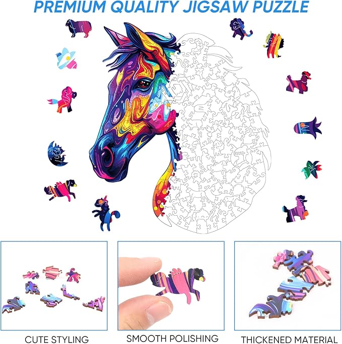 Wooden Puzzles for Adults, Horse Liberty Cool Wooden Jigsaw Puzzles(10.8 * 12.6in-200pcs), Unique Shape Animal Adult Pieces, Irregular Wood Puzzles Best Gift for Adults and Kids Family Game