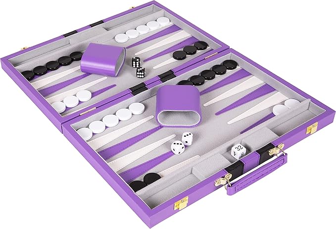 Backgammon Set 15 inch, Large - Classic Board Game for Adults and Kids with Premium Leather Case - Includes Strategy & Tip Guide (Purple)