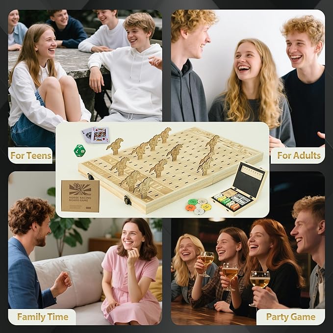 Foldable Horse Race Board Game, Family Dice Game with Solid Wood Board, 12 Horses, 2 Pokers, 100 Chips, Fair Horse Racing Game, Easy Storage, Parties, Family Nights, Gifts, GSM201