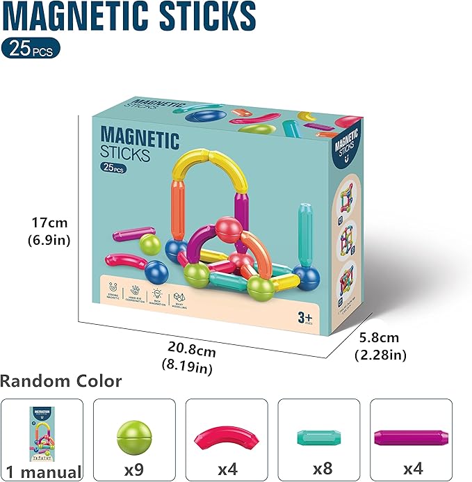 Magnetic Stick, Balls and Rods Set, Building Blocks, STEM Stacking Toys, Educational Toys for Kids Boys and Girls (25 PCS)
