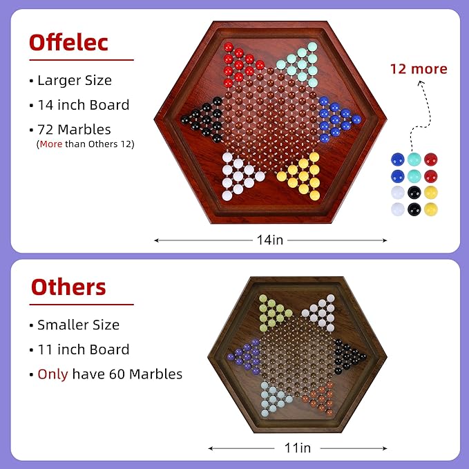14 inches Wooden Chinese Checkers Set, 60+12 Colorful Glass Marbles in 6 Colors, Classic Strategy Games for Adults Kids and Seniors, Fun for Whole Family Board Game (Up to 6 Players)