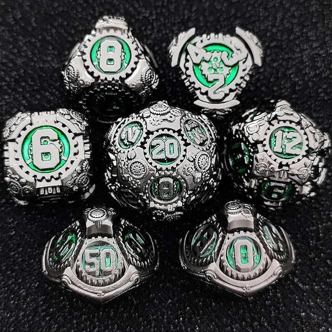 Geakeeper Construct D&D Dice, Metal DND Dice Set, 7Pcs Polyhedral Dragon Metallic D&D Dice with Gift Case for Dungeons and Dragon Game, RPG Role Playing Table Game Gifts (Black Nickel Green)