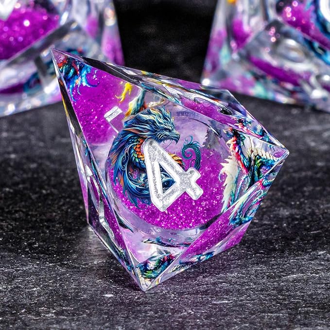 OUKELANWO Liquid Core Dragons Stickers DND Dice Set D&D, 7Pcs Dungeons D and D Role Playing Dice with Gift Box, Resin Sharp Edge Dice D20 D12 D10 D8 D6 D4, Purple White
