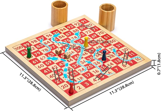 Yellow Mountain Imports 2-in-1 Reversible Wooden Snakes and Ladders, Ludo Game Set - 11.3 inches